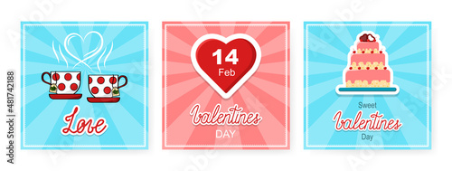 Vector Happy Valentines banners set. Three vintage square postcards design for 14 February.