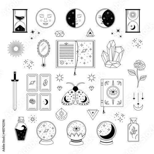 Vector set of esoterical elements and symbols. Line art magical objects and celestian icons