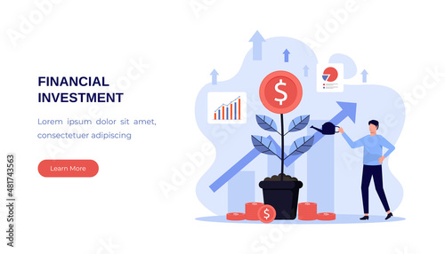 Financial Investment landing page, Growing investment business with people character watering the money coin plant on pot.