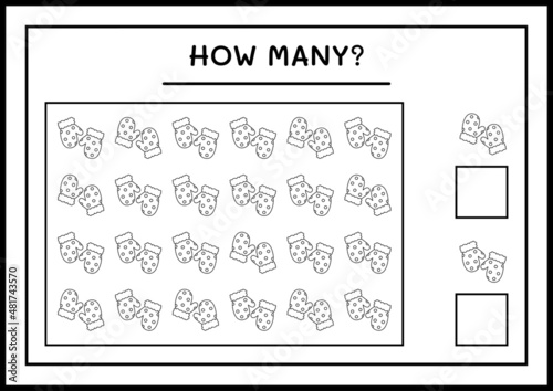 How many winter mittens, game for children. Vector illustration, printable worksheet