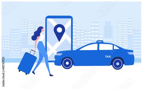 Young woman ordering online taxi car, rent and sharing using service mobile application location map. Online taxi service and transportation technology. 