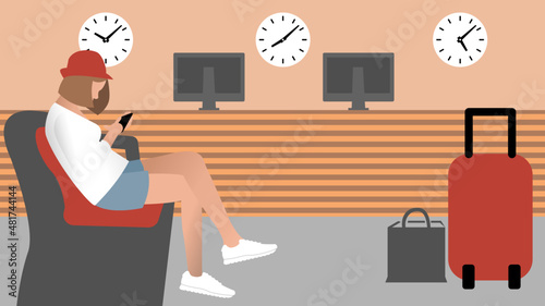 Single female traveler with modern luggage sitting in hotel reception area, using smartphone