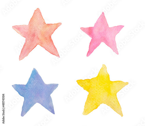 Set of watercolor yellow, blue, pink and red stars isolate on white background. Hand draw image