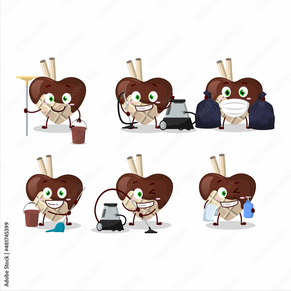 Obraz premium Cleaning service white chocolate love cute cartoon character using mop