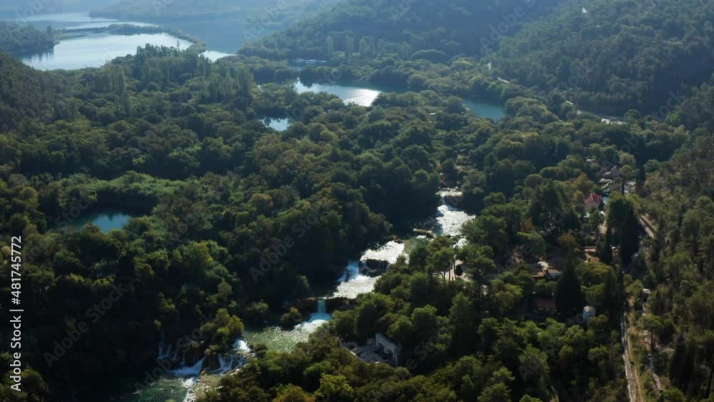 Magnificent View Of The Krka National Park And Waterfall In Croatia - aerial shot Magnificent View Of The Krka National Park And Waterfall In Croatia - aerial shot