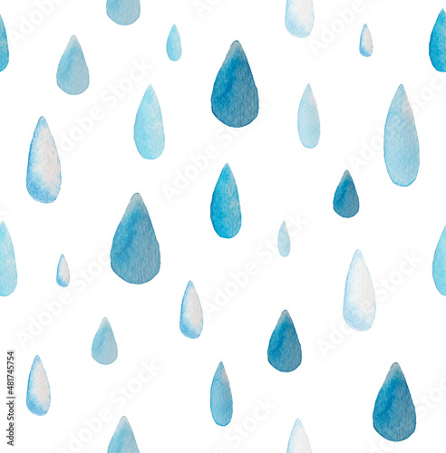 Hand drawn seamless pattern with watercolor rain drops isolated on white background