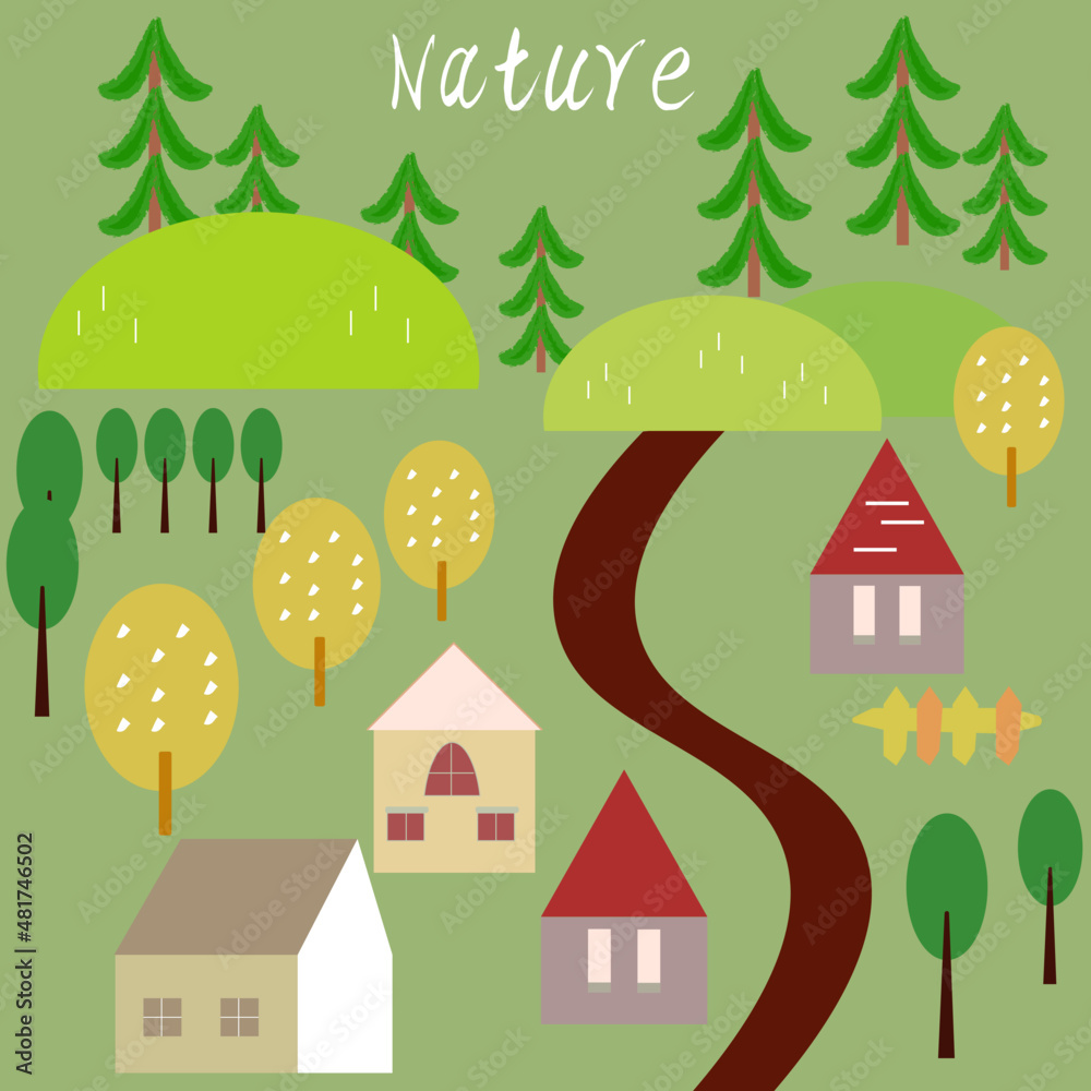 Nature townscape vector illustration. Tree, house, road and countryside.