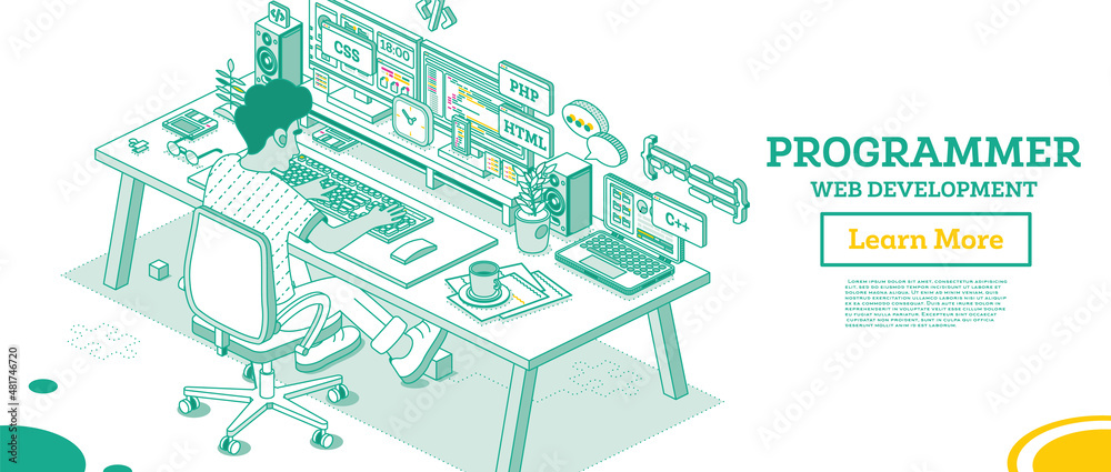 Programmer. Frontend or Backend Developer Sit on Chair with Wheels in Front of Two Monitors with Code. Programmer. Frontend or Backend Developer Sit on Chair with Wheels in Front of Two Monitors with Code.