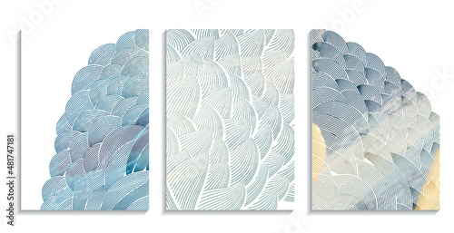 wavy decorative drawing effect, blue oil paint textured vector background template set