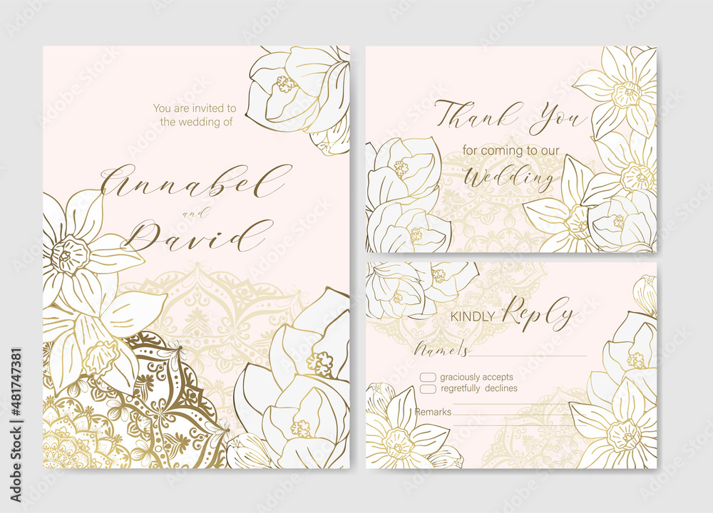 Wedding invite set with golden spring flowers and mandala. Beautiful hand drawn floral wedding invitation card template.