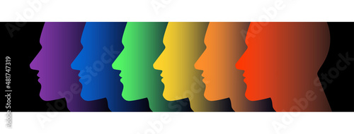 Ilustracao silhueta cabecas LGBT, arco iris, gay, lesbica, lesbicas, amor, romance, comunidade gay, rainbow, pride, love is love, comunidade, LGBT, LGBTQ, representatividade, homem, mulher, orgulho