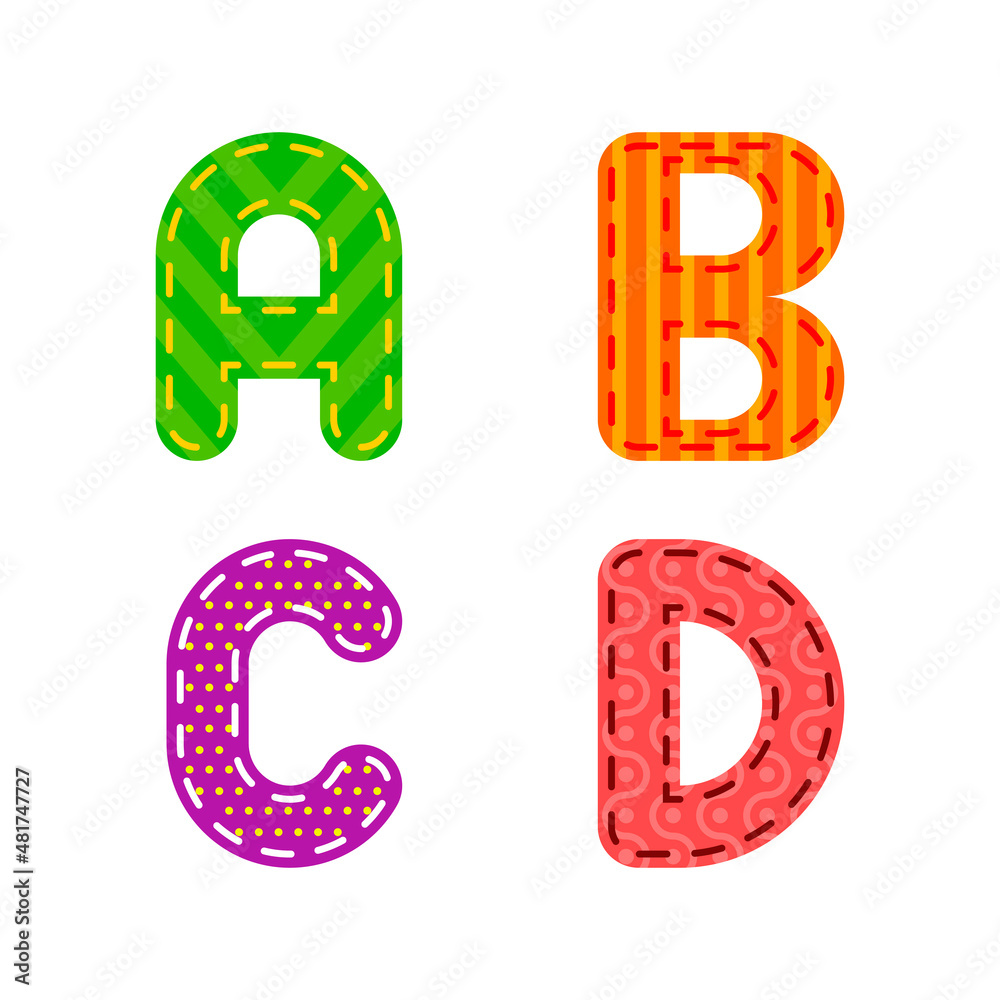 Children's alphabet in flat design. Embroidered letters A, B, C, D on an isolated white background. Vector stock illustration