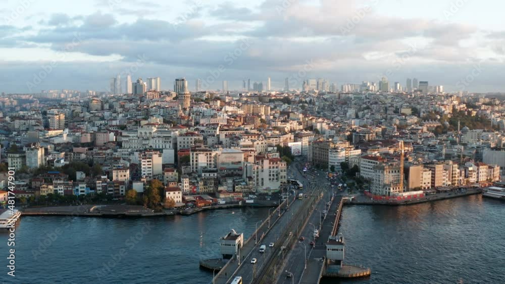 Aerial View Of Galata Bridge, Galata Tower And Istanbul City In The Early Morning In Turkey. Aerial View Of Galata Bridge, Galata Tower And Istanbul City In The Early Morning In Turkey.