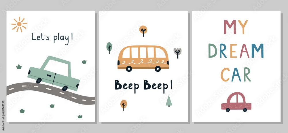 A set of cute children's posters. Hand-drawn cartoon cars, bus, trees, road. Vector illustration