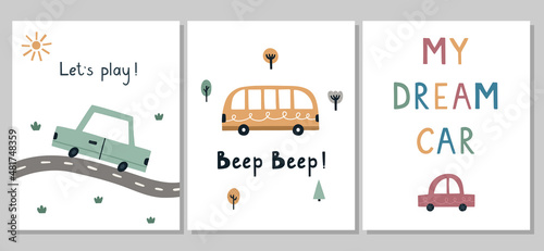 A set of cute children s posters. Hand-drawn cartoon cars  bus  trees  road. Vector illustration