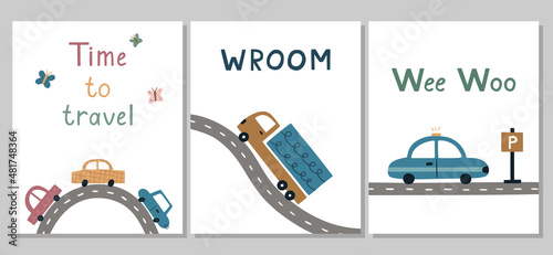 A set of cute kid's posters. Hand-drawn cartoon cars are driving on the road. Vector illustration