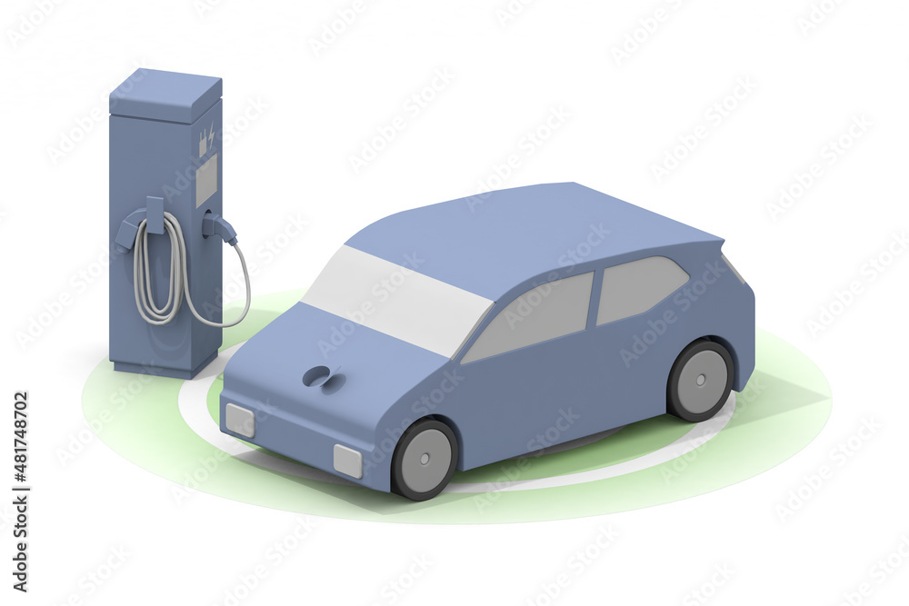 Electric car and charger. EV car and charging stand being charged. Use the charging spot installed on the road. Electric car and charger. EV car and charging stand being charged. Use the charging spot installed on the road.