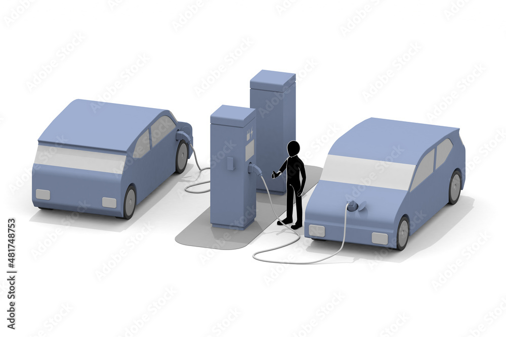 Electric car and charger. EV car and charging stand being charged. Use the charging spot installed on the road. Electric car and charger. EV car and charging stand being charged. Use the charging spot installed on the road.