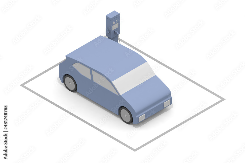 Electric car and charger. EV car and charging stand being charged. Use the charging spot installed on the road. Electric car and charger. EV car and charging stand being charged. Use the charging spot installed on the road.