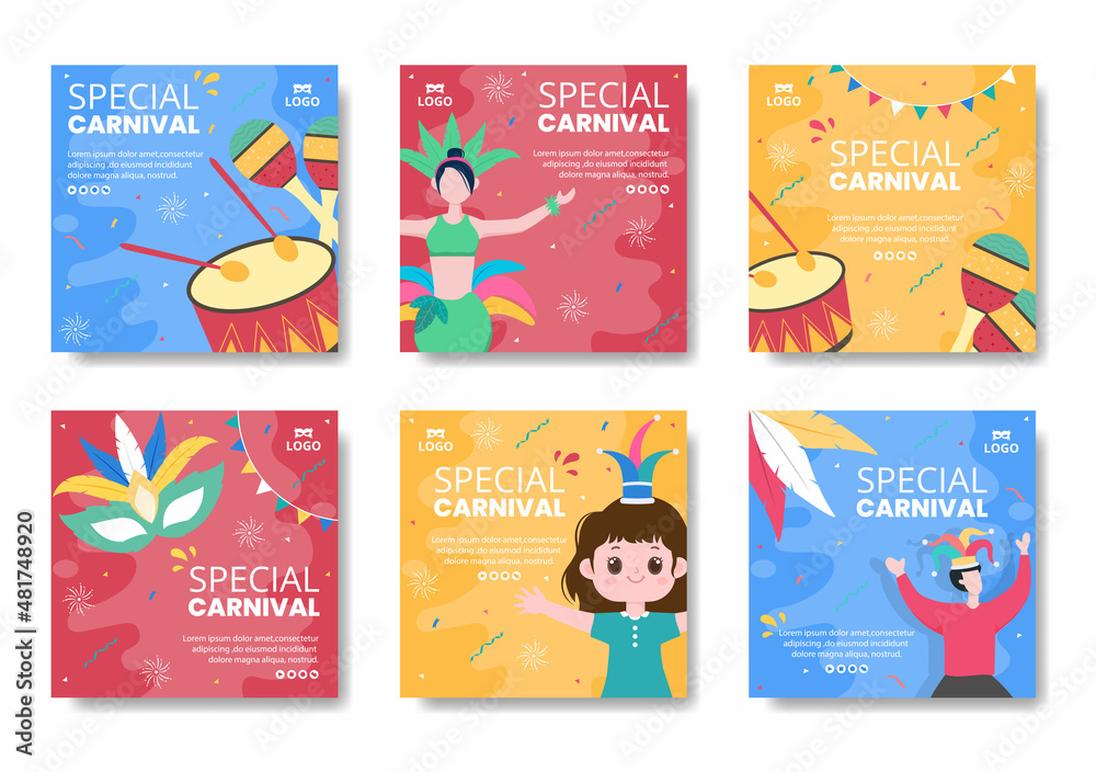 Happy Carnival Celebration Post Template Flat Illustration Editable of Square Background Suitable for Social Media or Greeting Card