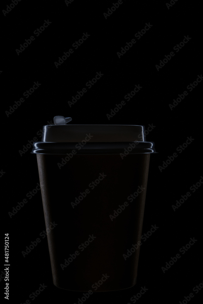 Illuminated edges of silhouette of disposable cup on black background, for hot coffee and hot drinks. Illuminated edges of silhouette of disposable cup on black background, for hot coffee and hot drinks.