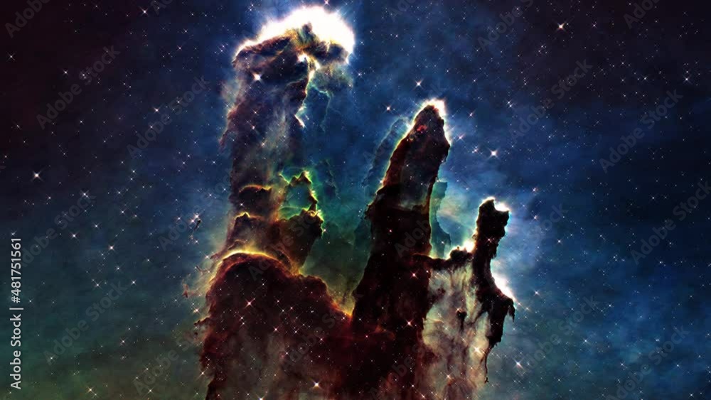 Seamless loop Space Travel to  The Eagle Nebula. Space Flight to star field Galaxy and Nebulae deep space exploration. 4K 3D seamless looping Flight to Eagle Nebula Messier 16. Elements furnished by N