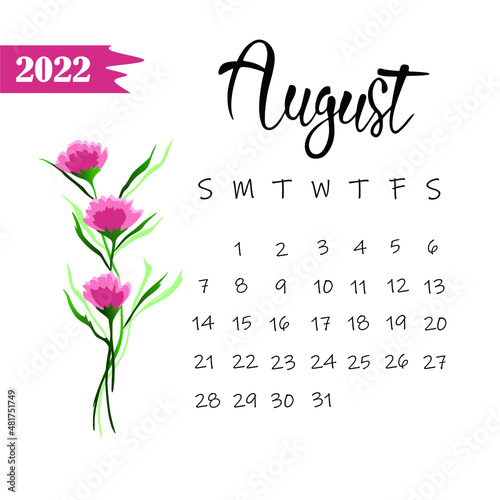 calendar of 2022 august withponk flowers