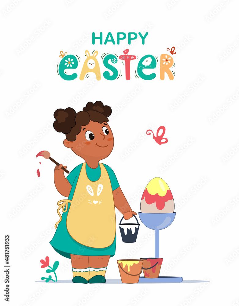 The child is engaged in creativity by coloring an Easter egg with paints and brushes. Little dark-skinned girl k in cartoon. Easter card. Vector. The child is engaged in creativity by coloring an Easter egg with paints and brushes. Little dark-skinned girl k in cartoon. Easter card. Vector.