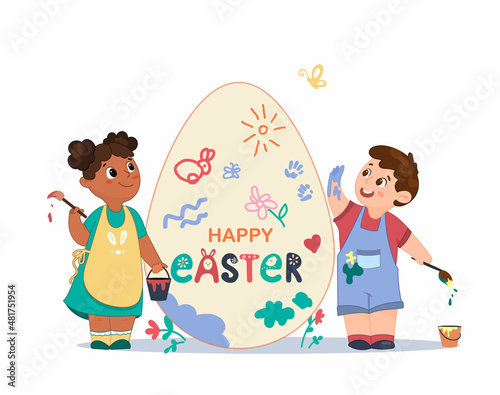Children are engaged in creativity by coloring a large Easter egg with paints and brushes.  Happy characters boy and girl in cartoon style. Easter card. Vector.