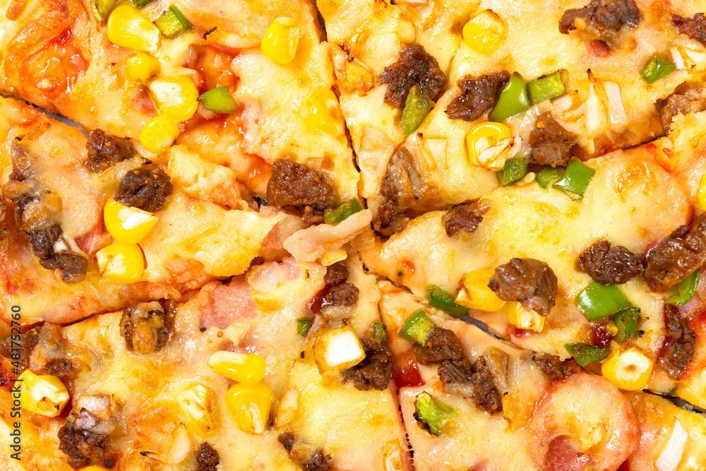top view fresh pizza with beef and bacon toppings top view fresh pizza with beef and bacon toppings