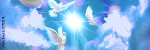 The flying three white doves around clouds leading to shining heaven and the background of beautiful pastel color’s sky 