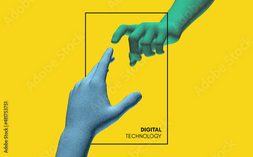 Hands reaching towards each other. Concept of human relation, togetherness or  partnership. 3D vector illustration. Can be used for advertising, marketing or presentation.