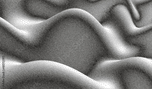 Abstract wavy pattern. Landscape in dotwork style. Grain terrain wallpaper. Digital background with particles. Pointillism. 3D vector illustration for poster, cover, banner or placard.