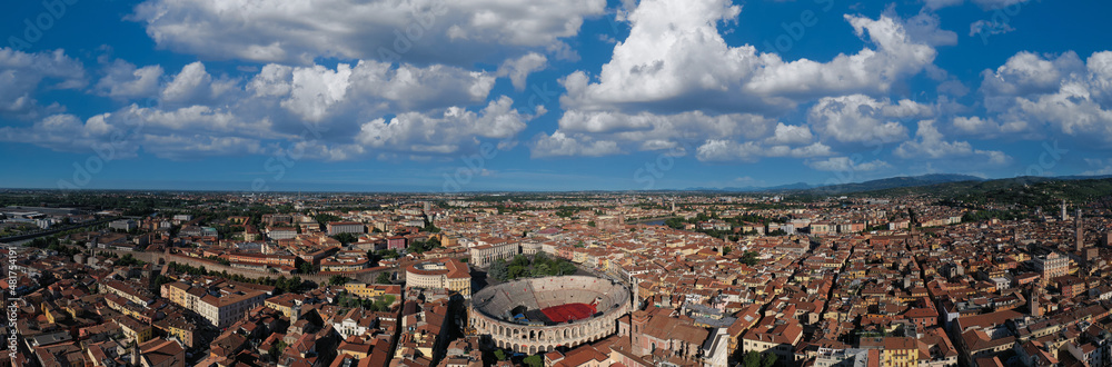 Piazza Bra panoramic aerial view. Italian colosseum panorama top view. Historical part of the city of Verona, Italy