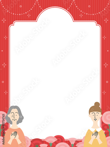 母の日向け　フレーム・背景素材／女性とカーネーション（縦向き）