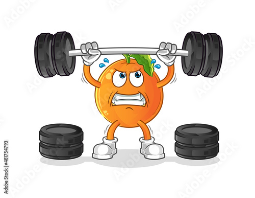 Orange lifting the barbell character. cartoon mascot vector