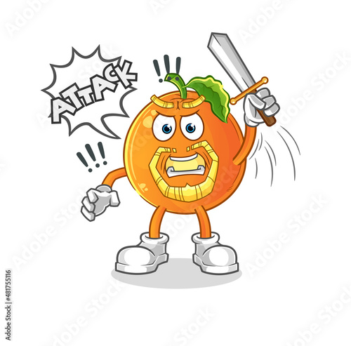 Orange knights attack with sword. cartoon mascot vector