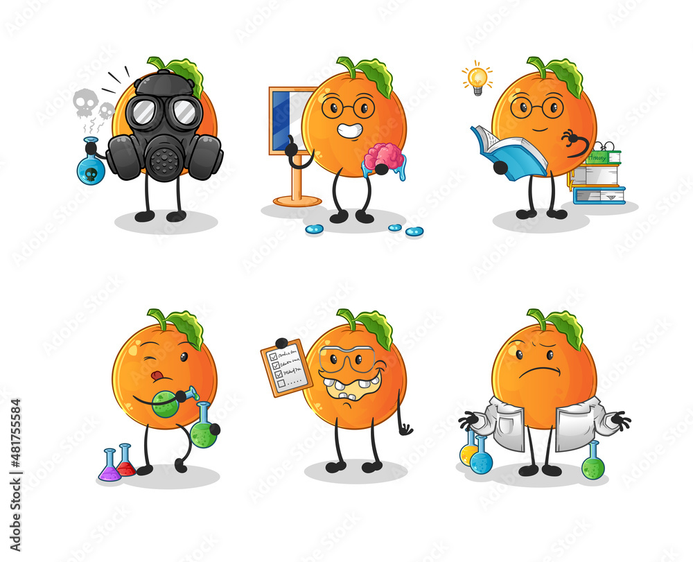 Orange scientist group character. cartoon mascot vector Orange scientist group character. cartoon mascot vector
