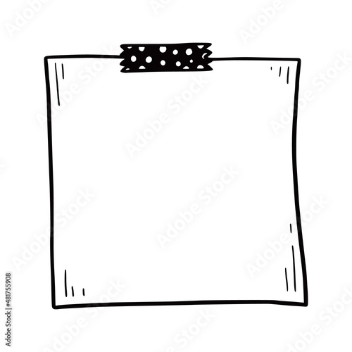 Hand drawn paper memo sticky. Doodle sketch style. Reminder paper sticker for pin notice, text. Vector illustration.