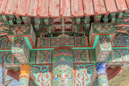 Closeup of colorful oriental gate at Buddhist temple.