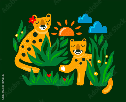 Leopard pare in jungle creative vector illustration.