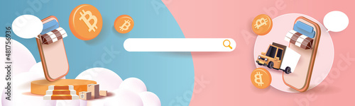 shopping and crypto on phone Banner Vector illustration 3d banking BTC gold cion cash trade money market sell business.