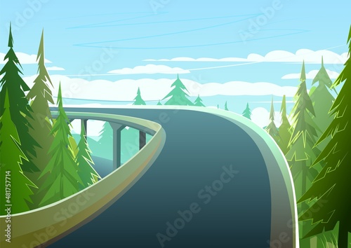 Good asphalt road. Drive through pine forest over bridge. Quality modern empty highway. Suburban intercity pathway. Background illustration. Vector