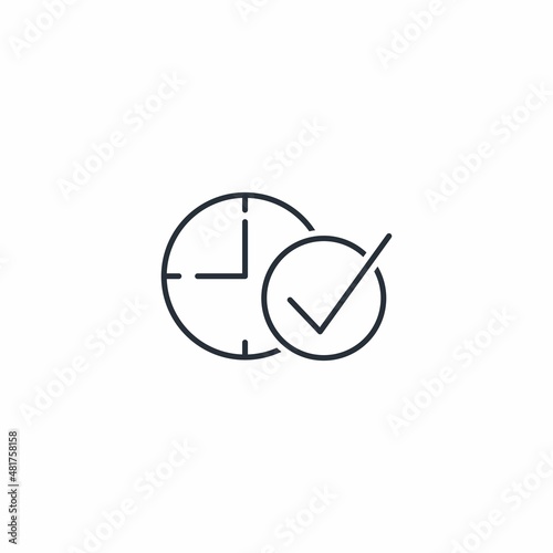 Check mark and clock. Accuracy, timeliness. Vector linear icon isolated on white background