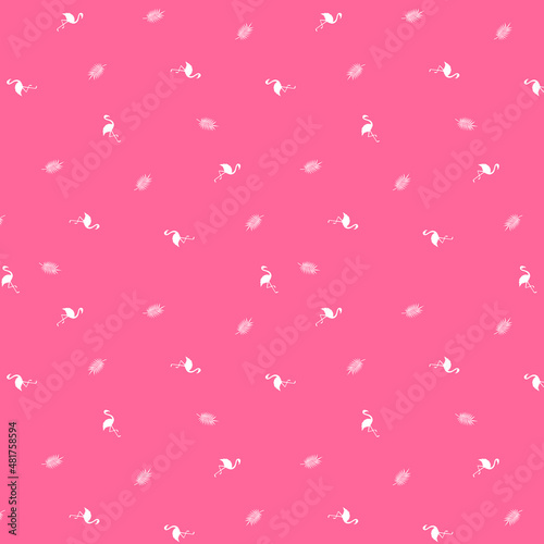 Seamless trendy tropical pattern with white flamingo birds and tropic areca leaves on hot pink background. Vector illustration