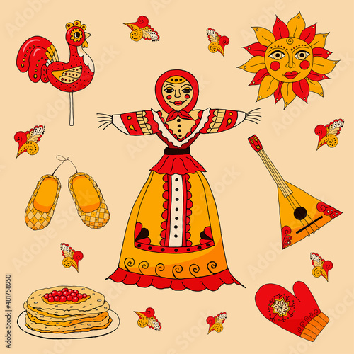 Set of Russian holiday Maslenitsa. Collection of traditional Russian symbols: Lollipop cockerel, sun, pancakes caviar, braided best shoes, balalaika. Shrovetide icons in hand draw style. Vector