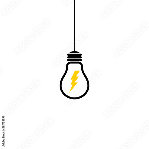 Hanging light bulb with flash icon isolated on white background