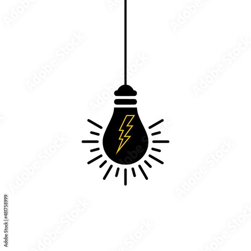 Hanging light bulb with flash icon isolated on white background photo