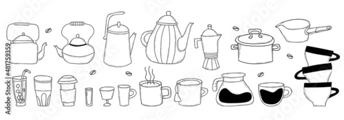 Kitchen doodles icon set. Hand drawn lines of kitchen items, dishes, cups and teapots. Vector illustration. Big collection of cartoon icons of kitchen utensils. Isolated elements for menu, recipe book
