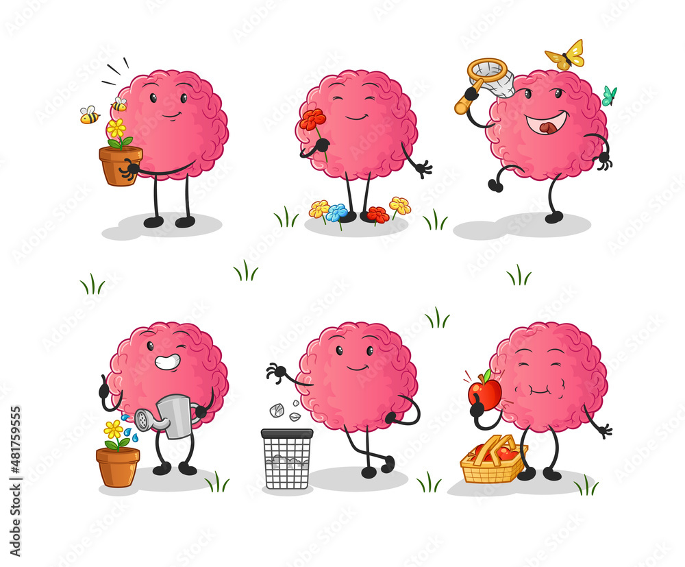 brain save the earth group. cartoon mascot brain save the earth group. cartoon mascot